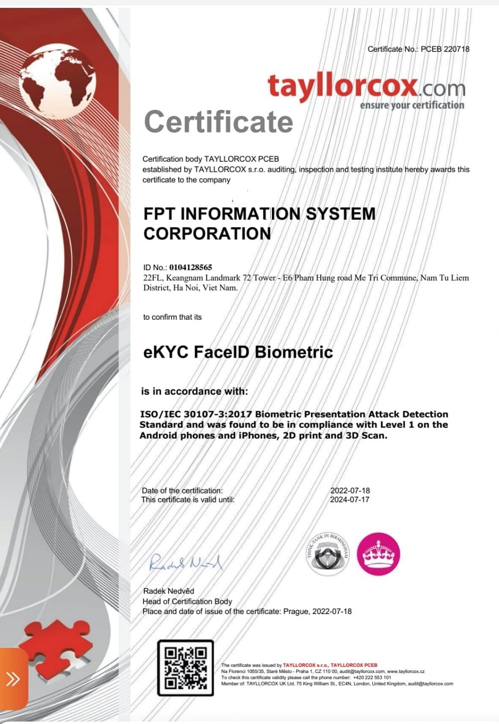 FPT IS has achieved ISO 30107-3 certification for anti-counterfeiting facial biometrics