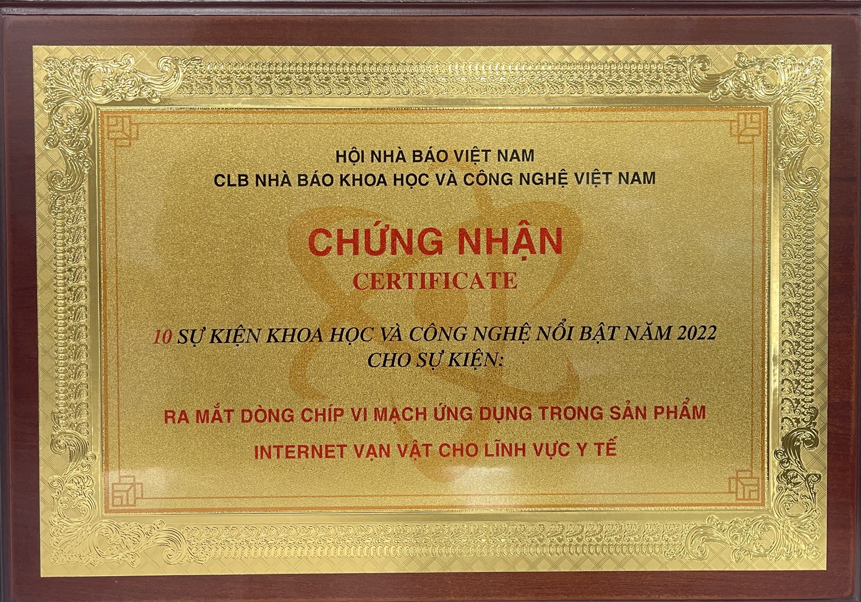 Certificate of Top 10 science and technology highlights in 2022, voted by the Vietnam Science and Technology Journalists Club