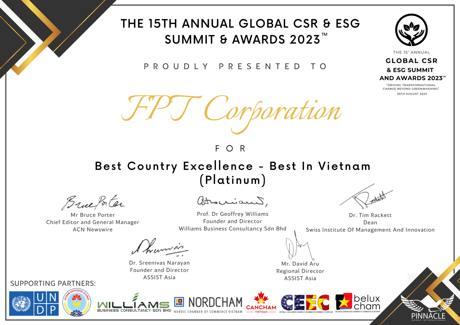 Giấy chứng nhận giải thưởng Doanh nghiệp CSR tiêu biểu