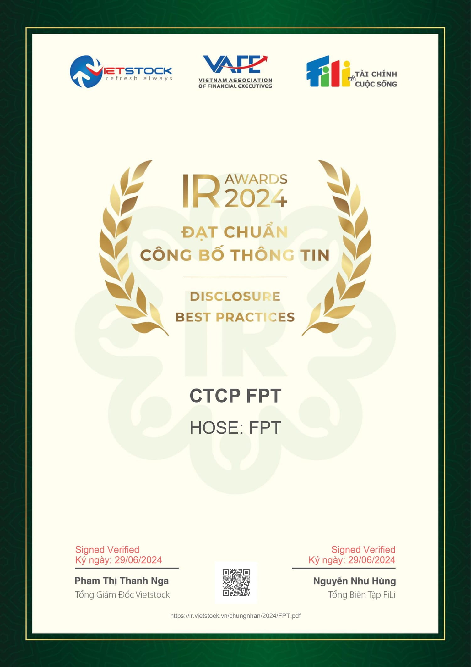 FPT Honored Again for Excellence in Information Disclosure Standards