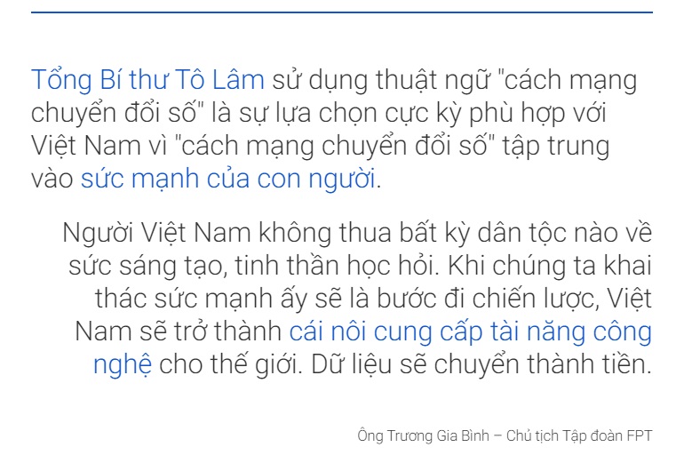 Ông Trương Gia Bình, Chủ tịch HĐQT FPT: "dữ liệu sẽ chuyển đổi thành tiền và Việt Nam cần phải nắm bắt cơ hội và định vị vị thế của mình".