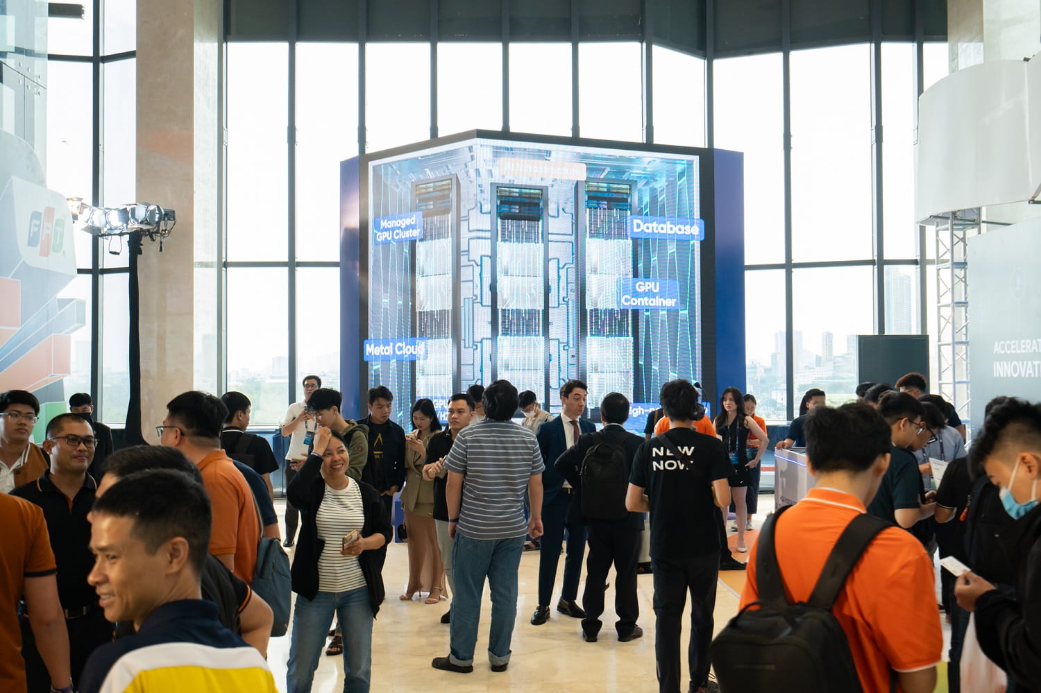 A section of the exhibition at FPT Techday 2024 offers a simulation of an AI factory in action