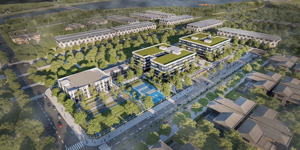 Overview of the FPT Quy Nhon K–12 School located in the Artificial Intelligence Center – Auxiliary Urban Area in Long Van, Quy Nhon.