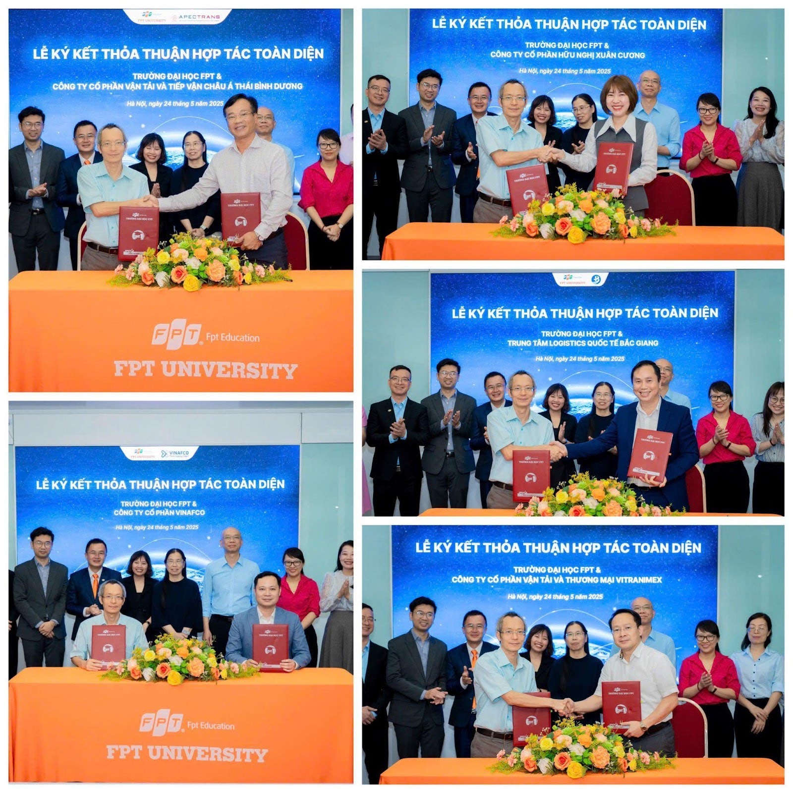 Dr. Nguyen Khac Thanh, representing FPT Corporation, signs and presents the cooperation agreement with five enterprises.