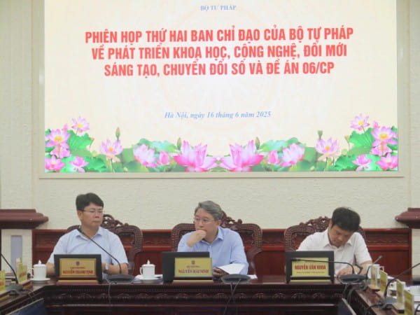FPT CEO Nguyen Van Khoa (far right) and Minister Nguyen Hai Ninh attend the second meeting of the Steering Committee on Science, Technology, Innovation, and Digital Transformation.