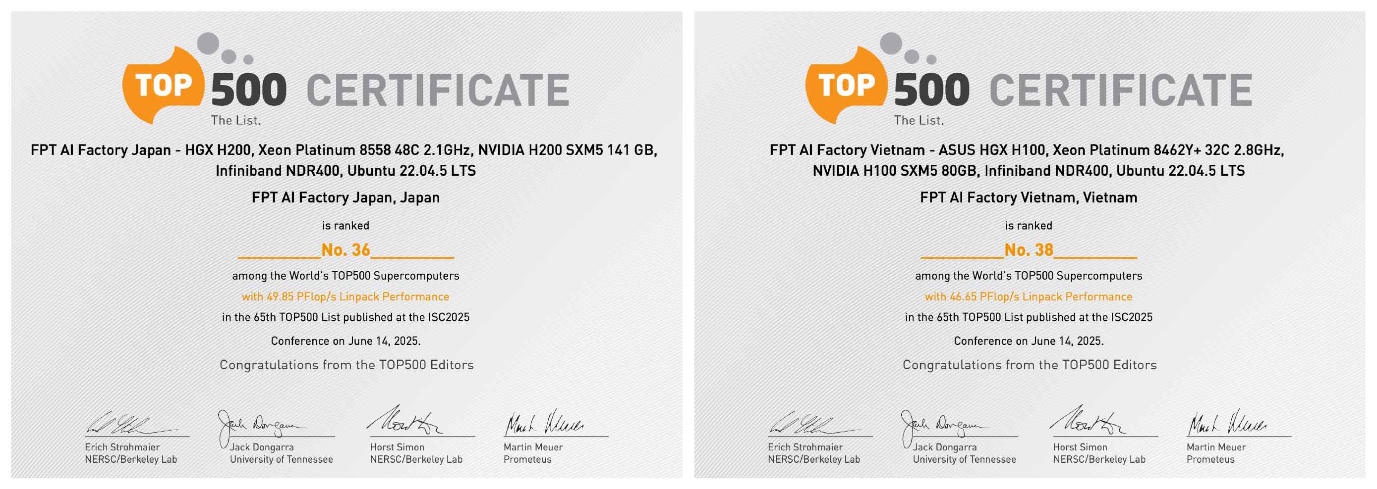 FPT's AI Factories ranked 36th and 38th in the TOP500 List (Source: TOP500.org)